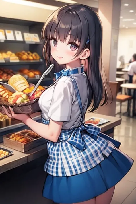 <lora:kobeya uniform_Loha:1>, kobeya uniform, tongs, 1girl, solo, breasts, bread, short sleeves, bowtie, food, blue apron, apron, skirt, blue bowtie, white shirt, shirt, blue skirt, blue bow, bow, basket, employee uniform, smile, holding, high-waist skirt, alternate costume, uniform, blush, holding basket, looking at viewer, plaid, waitress, button gap, cafe, from back,