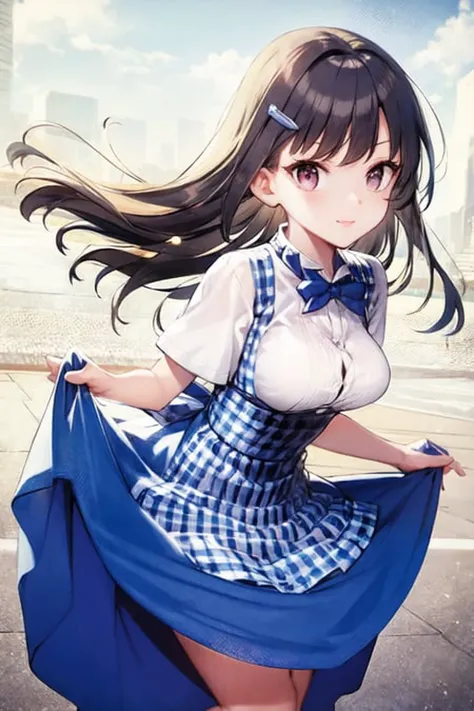 <lora:kobeya uniform_Loha:1>, kobeya uniform, skirt, breasts, white shirt, bow, shirt, blue apron, apron, blue bow, blue skirt, short sleeves, leaning forward, looking at viewer, bowtie, uniform, alternate costume, high-waist skirt, plaid, waitress, 1girl, smug, medium breasts, wide hips, pussy, (windy:1.3), (skirt lift),