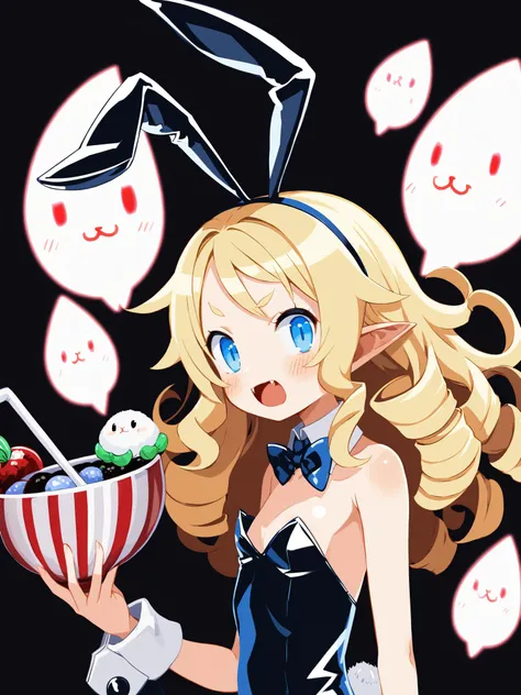 score_9,1girl,solo,upper body,blonde hair,from from side,looking at viewer,long hair,curly hair,blue eyes,fangs,rabbit ears,playboy bunny,embarrassed,pointy ears,flat chest,<lora:DisgaeaXL:0.8>,