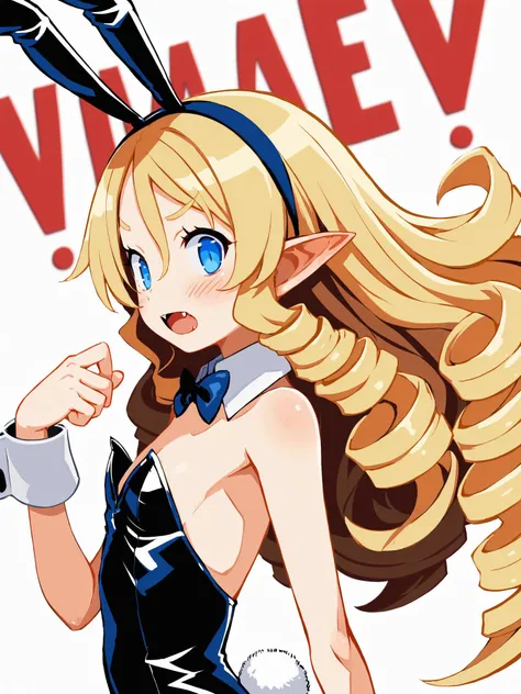 score_9,1girl,solo,upper body,blonde hair,from from side,looking at viewer,long hair,curly hair,blue eyes,fangs,rabbit ears,playboy bunny,embarrassed,pointy ears,flat chest,<lora:DisgaeaXL:0.8>,