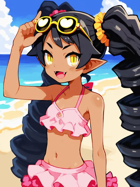 score_9,1girl,solo,standing,upper body,brown skin,black hair,very long hair,curly hair,gold eyes,happy,naughty face,pointy ears,twintails,eyewear on head,pink bikini_skirt,beach,beach umbrella,fangs,<lora:DisgaeaXL:0.8>,