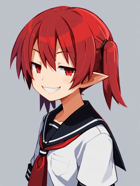 score_9,1girl,solo,standing,upper body,close up,school uniform,red hair,red eyes,happy,evil smile,half-closed eyes,pointy ears,twintails,short hair,<lora:DisgaeaXL:0.8>,