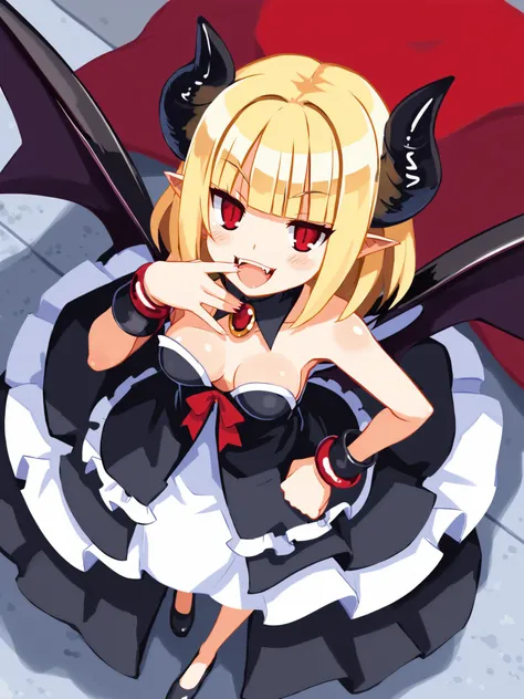 score_9,1girl,solo,blonde hair,hime cut,from above,half-closed eyes,blush,laughing,evil smile,hand by mouth,hand on hip,looking at viewer,red eyes,arched_back,fangs,pointy ears,medium breasts,bare_legs,demon tail,demon horns,demon wings,strapless_dress,<lora:DisgaeaXL:0.8>,