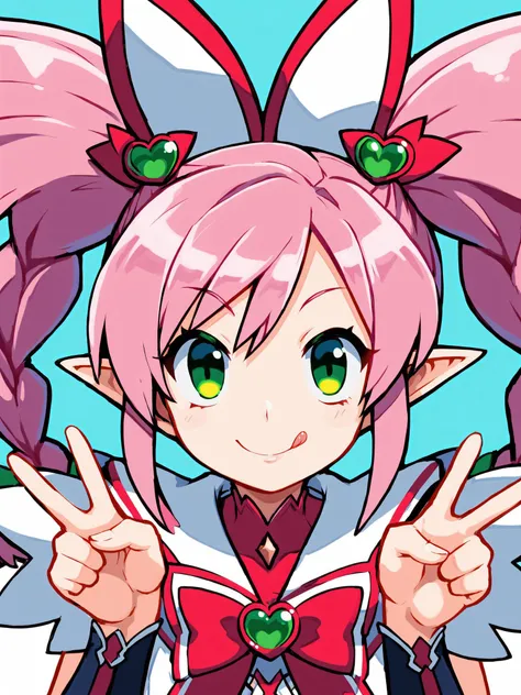 score_9,1girl,solo,standing,upper body,magical girl,pink hair,green eyes,happy,evil smile,tongue out,pointy ears,twintails,single braid,<lora:DisgaeaXL:0.8>,