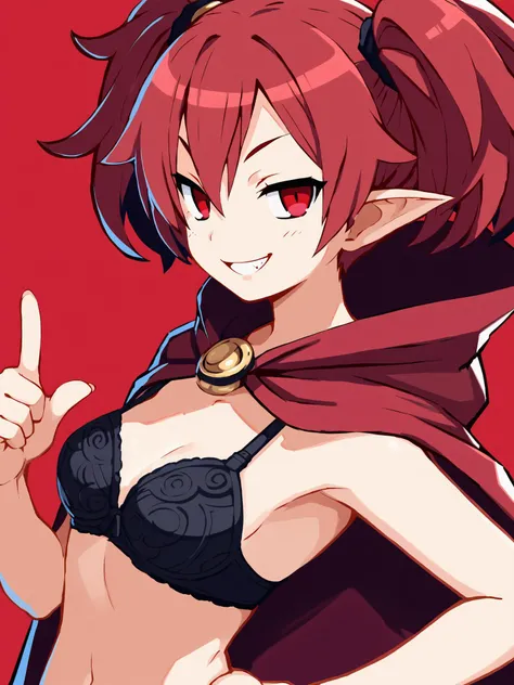 score_9,1girl,solo,standing,upper body,black bra,red hair,red eyes,happy,evil smile,half-closed eyes,pointy ears,twintails,short hair,pointing at viewer,looking to the side,hand on hip,red cape,<lora:DisgaeaXL:0.8>,