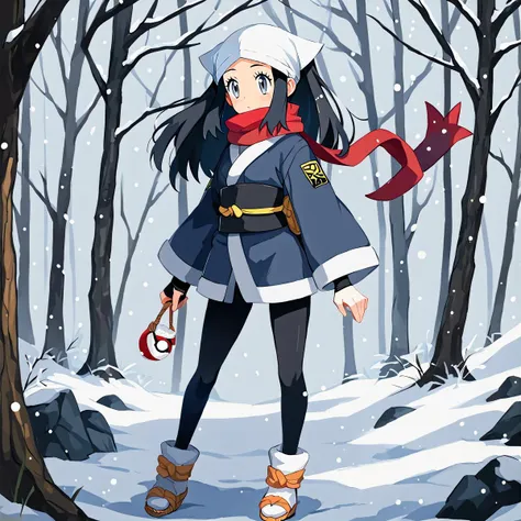 score_9, score_8_up, score_7_up, score_6_up, score_5_up, score_4_up, source_anime, 1girl, solo, akari \(pokemon\), long hair, black hair, grey eyes, scarf, long sleeves, black leggings, sandals, leg warmers, outdoors, forest, snowing <lora:DisgaeaXL:0.8>