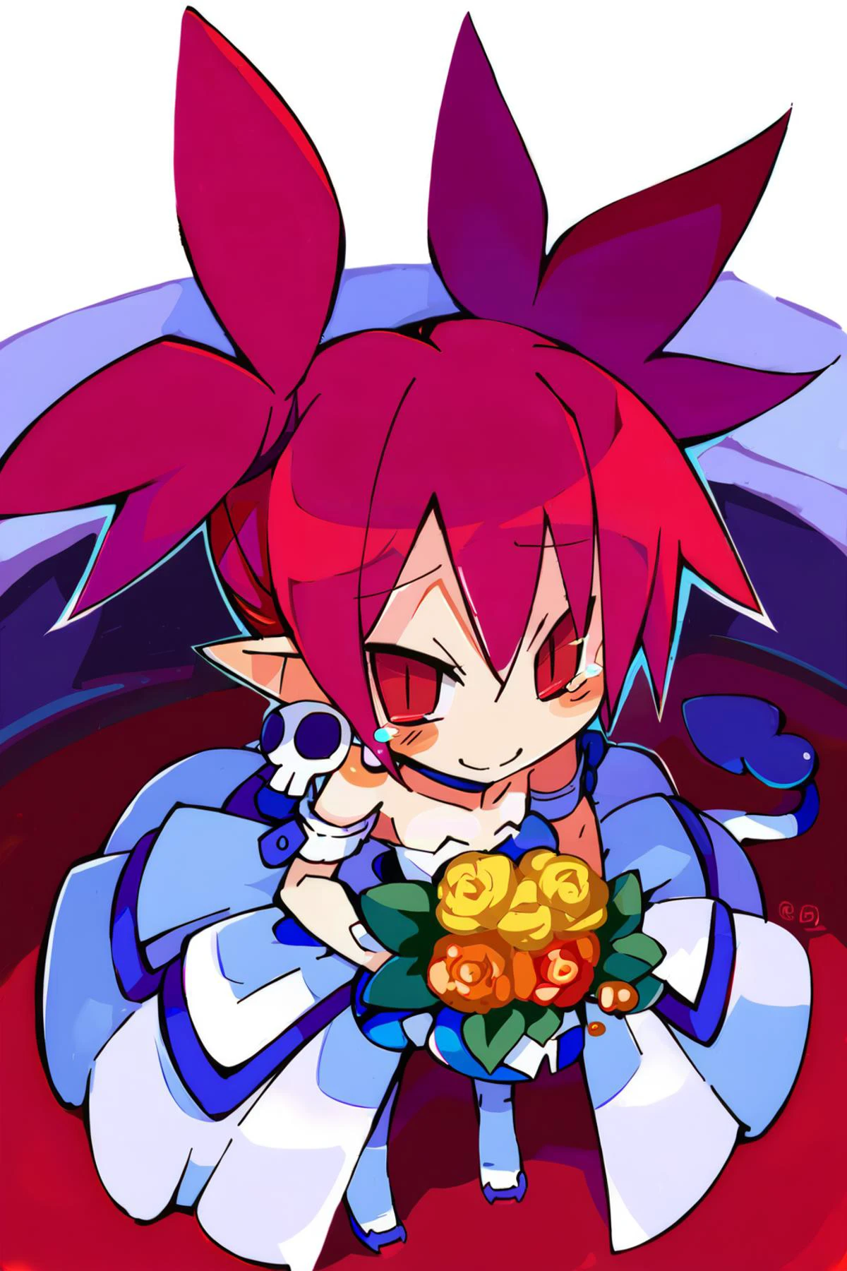 sscore_9, score_8_up,score_7_up,BREAK,source_anime <lora:Etna:1> etnaxl,red hair,red eyes,short twintails,tail,slit pupils,skull earrings,blush,half-closed eyes,standing,holding bouquet,flat chest,best quality,church,frills,solo,very long dress,wedding dress,bridal dress,pure white dress,strapless,tears,smile,hearts,from above <lora:DisgaeaXL:0.8>