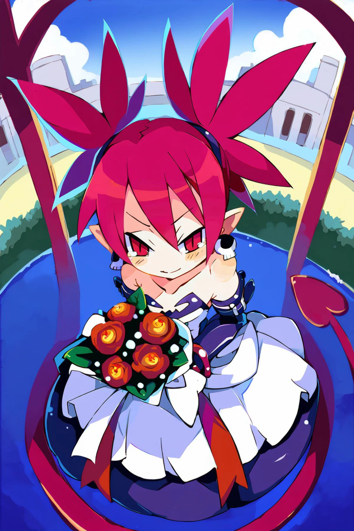 sscore_9, score_8_up,score_7_up,BREAK,source_anime <lora:Etna:1> etnaxl,red hair,red eyes,short twintails,tail,slit pupils,skull earrings,blush,half-closed eyes,standing,holding bouquet,flat chest,best quality,church,frills,solo,very long dress,wedding dress,bridal dress,pure white dress,strapless,tears,smile,hearts,from above <lora:DisgaeaXL:0.8>