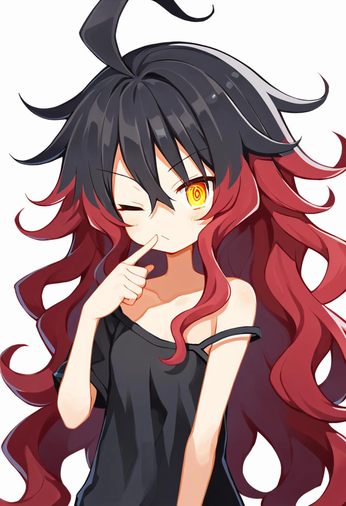 score_9, 1girl, solo, standing, upper body, close up, Red Hair, iridescent eyes, black hair, wavy hair, very long hair, hair between eyes, one eye closed, finger wagging, single bare shoulder, shirt short, Coy wink, looking at viewer , <lora:DisgaeaXL:0.8>, <lora:Fizzeru:0.1>