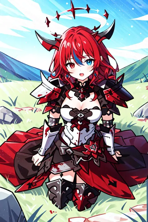 best quality, intricate details, 
1girl, Irys \(hololive\),   (dichromia red and blue eyes), (long red hair:1.2), heterochromia, multicolored eyes, horns, halo,  <lora:Irys768-000012:1>
 <lora:war_glamv1.1:0.8>  War_Glam, wearing  War_Glam, red armor, plate armor, boobplate, seraphim,  battlefield, grassy meadow, blood, warriors,