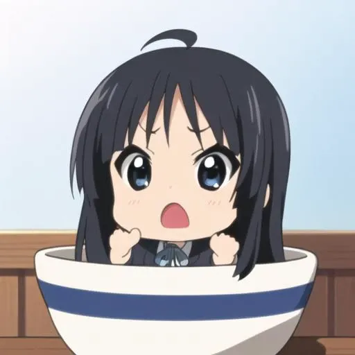 akiyama mio, 1girl, chibi,open mouth,uniform, ahoge,serious, black hair, long hair,  in bowl,(blue and white striped bowl:1.3), (masterpiece), (illustration), (extremely fine and beautiful), perfect detailed, photorealistic, (beautiful and clear background:1.25), (depth of field:0.7)