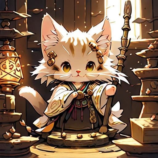 An enchanting image featuring an adorable kitten mage wearing intricate ancient robes, holding an ancient staff, hard at work in her fantastical workshop, intricate runic symbols swirling around her, it's clear that she's busy casting a powerful spell. Her fluffy tail sways gently as she concentrates on the task at hand, adding to the whimsical atmosphere of this magical scene. The soft lighting and detailed surroundings create an immersive environment where imagination runs wild. This charming artwork is sure to delight fans of both kittens and fantasy worlds alike, transporting them into a realm filled with wonder and possibility, hyper-detailed, high quality visuals, dim Lighting, ultra-realistic, sharply focused, octane render, 8k UHD