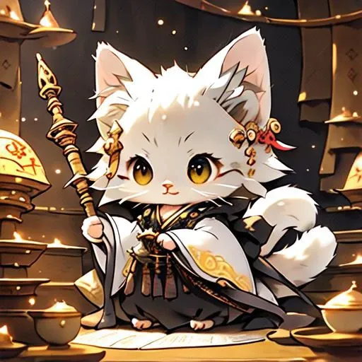 An enchanting image featuring an adorable kitten mage wearing intricate ancient robes, holding an ancient staff, hard at work in her fantastical workshop, intricate runic symbols swirling around her, it's clear that she's busy casting a powerful spell. Her fluffy tail sways gently as she concentrates on the task at hand, adding to the whimsical atmosphere of this magical scene. The soft lighting and detailed surroundings create an immersive environment where imagination runs wild. This charming artwork is sure to delight fans of both kittens and fantasy worlds alike, transporting them into a realm filled with wonder and possibility, hyper-detailed, high quality visuals, dim Lighting, ultra-realistic, sharply focused, octane render, 8k UHD