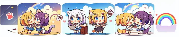 multi girls,chibi,cat ears,cat,pen,dog,star,cloud,rainbow,desk, kiss,coffee cup,symmetrical pose, tail, head rub,speak heart, <lora:splashes_v.1.1:1>