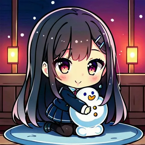 (masterpiece), best quality, high resolution, extremely detailed, detailed background, perfect lighting,
snowman,
1girl, smile, <lora:gh_yuzuki:1> ccyuzuki, long hair, hairclip, blazer, long sleeves, pleated skirt, pantyhose, shoes, full body, chibi