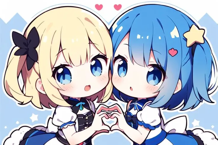 2girl,  blue hair, short hair, blue eyes,( star hair ornament), chibi,
heart hands duo, 
 prt,blonde hair, blue eyes, one side up, long hair, chibi,