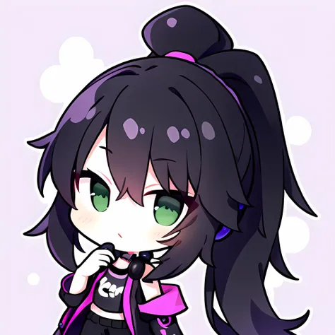 masterpiece, detailed face, fluffy headphones, black shirt, exposed shoulders, mint-green eyes, black hair with long ponytail, purple jacket with ziptie, dark shorts, purple shoes, white socks, standing up, middle school, 15 years old, immature