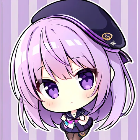 detailed face, detailed eyes, 4k, 1girl, middle school age, lavender pink hair, purple eyes, long hair, purple shoes, thigh-high navy blue socks with horizontal stripes, black short skirt, navy blue shirt shirt, concerned expression, scottish purple beret, thick hair, cleavage