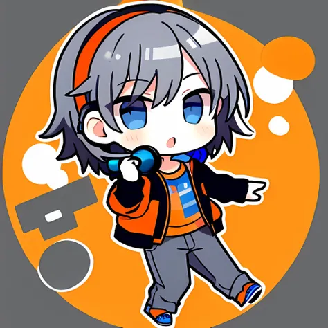 masterpiece, 1boy, dark gray hair, blue eyes, black headphones, orange jacket, middle school age, immature, orange shoes, blue pants, black hand bands, black shirt, chibi