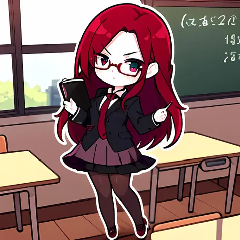 masterpiece, perfect eyes, 1girl, wine red hair, black glasses, green eyes, black suit, short skirt, red tights, suit shoes on heels, female, middle age woman, in classroom, teaching on board, red necktie, greenboard, 4k, black frame glasses, serious look, white shirt
