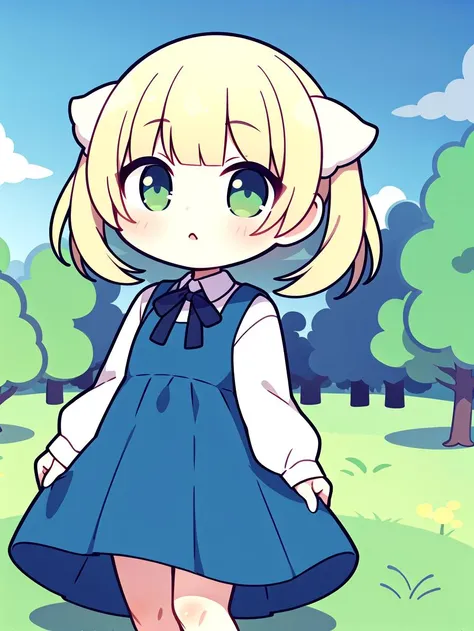 (Grass:1.2), (Grayscale:0.8), ( detailed:1.3), Full body, masterpiece, best quality, <lora:ShigureUI:0.7>, blonde, flat, (tails:1.2), green eyes, (blue dress:1.2), White shirt