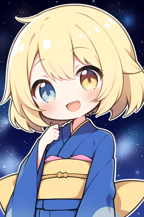 chibi ,1girl, solo, kimono, short hair, blonde hair, heterochromia yellow blue, smile, open mouth, night, starry sky