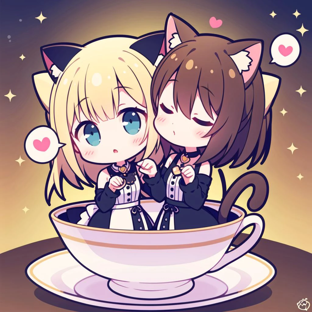 2girls,chibi,cat ears, kiss,yuri, coffee cup,symmetrical pose, tail, head rub, in cup,speak heart,