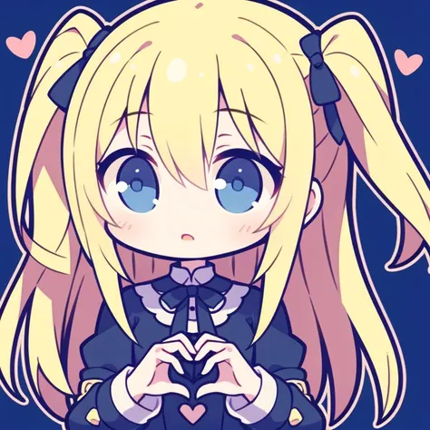 1girl,chibi,prt,blonde hair, long hair, one side up, blue eyes, heart hands,