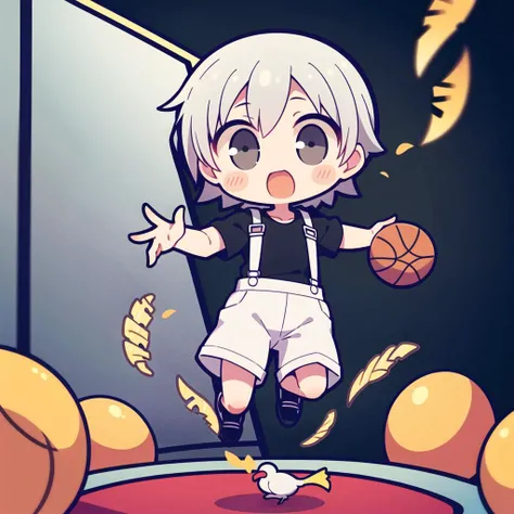 1boy,solo,grey hair,short hair, parted bangs, chibi,male,white overalls, black shirt, basketball, rooster,full body, chicken, jumping,