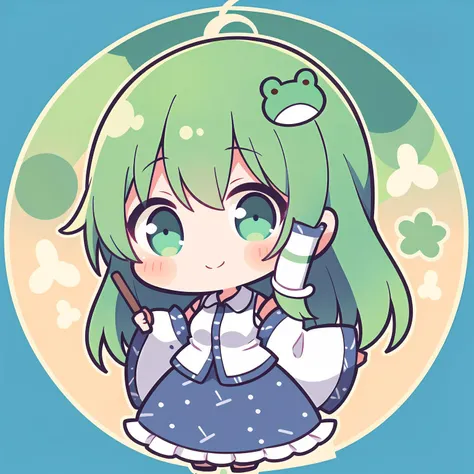 (chibi:1.1),1girl,kochiya sanae, smile, looking at viewer, hair tubes, frog hair ornament, snake hair ornament, shirt, long sleeves, wide sleeves, blue skirt <lora:touhou_kochiya-10:1>
