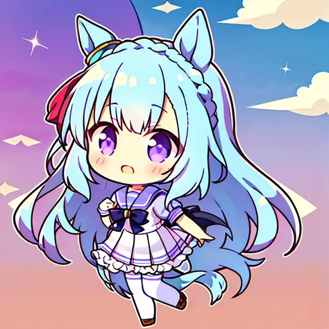 (chibi:1.1),1girl,mejiro ardan \(umamusume\),tracen school uniform, summer uniform, serafuku, sailor collar, bowtie, puffy short sleeves, sailor shirt, purple shirt, white skirt, pleated skirt, miniskirt, white thighhighs, brown footwear, shoes, <lyco:mejiro_ardan_loha-000010:1.0>
