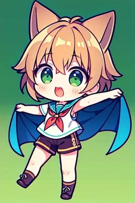 (Perfect picture quality),((masterpiece)),(high quality),clear edges,1 boy with dog ears,SOLO,wearing a sailor top and shorts,looking at the camera in surprise as he is about to take off his cape,green gradient background,
