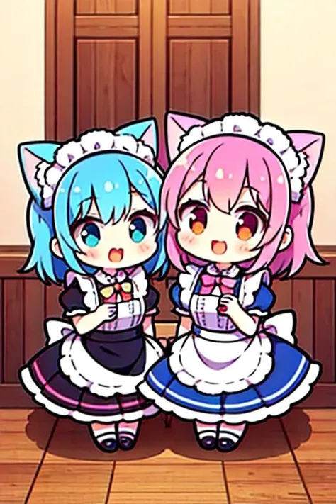 (Perfect picture quality:1.2),(masterpiece:1.1),(high quality:1.1),cute twin girls,one with blue hair cat maid,one with pink hair cat maid,both pressed against each other,looking at the camera with a smile,sitting inside a huge coffee cup.