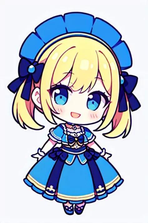 (Perfect picture quality:1.1),(masterpiece:1.1),(high quality:1.1),1 girl,SOLO,(wearing blue gorgeous clothes:1.3),yellow hair,double ponytails on both sides,indigo double bow headdress,looking at the camera,smiling and doing a heartbeat,randomly tiled loving gray background,