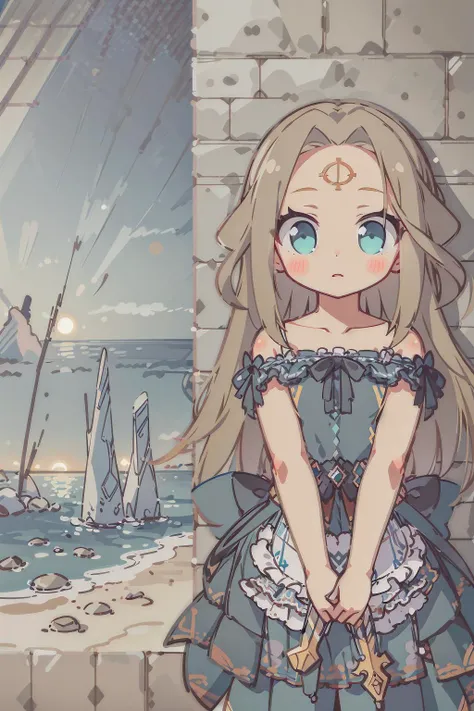 masterpiece, best quality,1girl,alphonse mucha,cowboy shot,relationship graph,looking afar,v,hair intakes,black dress,forehead,flat chest, weapons,stone walkway,gradient background,beach,white theme,night sky