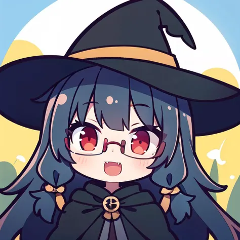 1girl,black cloak, witch hat, outdoors,
red eyes, solid eyes, wide-eyed, eyelashes, fangs,head tilt, facing viewer,eye glasses, twin braids, black hair, long hair,