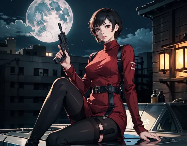 (3d, sharper image, 4k, ultra hd, best quality, masterpiece, perfect face, beautiful),Ada wong, RE4, red sweater dress, turtleneck, ribbed sweater, thigh high boots, pantyhose, harness, Ada Wong, her figure highlighted against the moonlight, perched on a rooftop scanning her surroundings, her gun at the ready