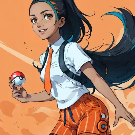 (best quality, masterpiece, perfect face, beautiful and aesthetic:1.2, colorful, dynamic angle, highest detailed face),  <lora:NemonaDef:0.7>, Nemona, orange shorts, orange necktie, white shirt, {freckles}, dark skin, brown eyes, smile, holding pokeball