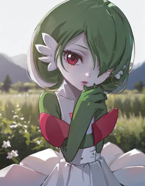 <lora:gardevoir_v2:1>, gardevoir, white dress, creatures \(company\), game freak, nintendo, pokemon, pokemon \(game\), bangs, colored skin, female focus, flat chest, gen 3 pokemon, green hair, green skin, hair over one eye, multicolored skin, pokemon \(creature\), red eyes, short hair, two-tone skin, white skin,  <lora:concept_incomingheadpat:0.9>, pov, incoming headpat