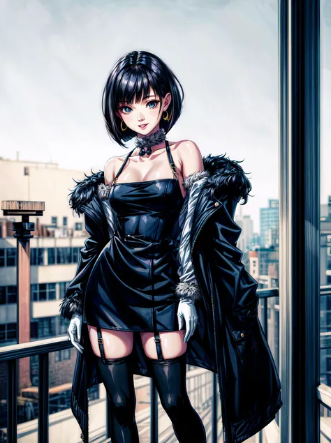 masterpiece, best quality, 1girl, bob cut, realistic eyes, skin tight, crescent earrings, bare shoulders, villa, fur-trimmed gloves, smile, parted lips, winter coat, black thighhighs, high heels, balcony,