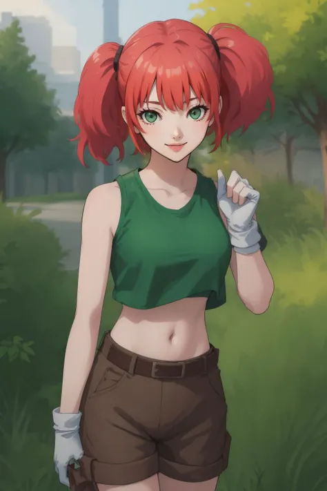 (masterpiece, best quality:1.2),illustration,medium breasts,8k,hd,1girl,solo,upper body,(portrait:1.2),twintails,brown shorts,midriff,navel,crop top,smile,belt,short shorts,tank top,green eyes,pink hair,vest,gloves,green shirt,knee pads,pouch,boots,brown footwear,socks,open clothes,<lora:Nadia Cassel:0.8>, park, walkway, tree, grass, victory pose,