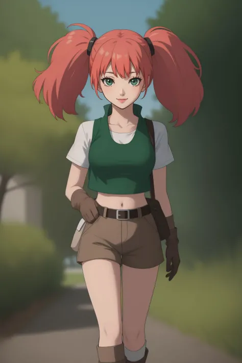 (masterpiece, best quality:1.2),illustration,medium breasts,8k,hd,1girl,solo,upper body,(portrait:1.2),twintails,brown shorts,midriff,navel,crop top,smile,belt,short shorts,tank top,green eyes,pink hair,vest,gloves,green shirt,knee pads,pouch,boots,brown footwear,socks,open clothes,<lora:Nadia Cassel:0.8>, park, walkway, tree, grass, walking,