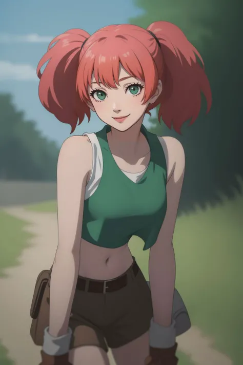 (masterpiece, best quality:1.2),illustration,medium breasts,8k,hd,1girl,solo,upper body,(portrait:1.2),twintails,brown shorts,midriff,navel,crop top,smile,belt,short shorts,tank top,green eyes,pink hair,vest,gloves,green shirt,knee pads,pouch,boots,brown footwear,socks,open clothes,<lora:Nadia Cassel:0.8>, park, walkway, tree, grass, bent over, knee