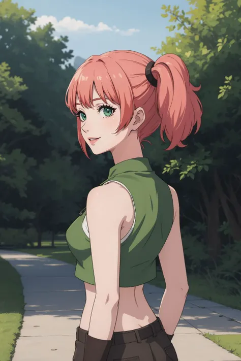(masterpiece, best quality:1.2),illustration,medium breasts,8k,hd,1girl,solo,upper body,(portrait:1.2),twintails,brown shorts,midriff,navel,crop top,smile,belt,short shorts,tank top,green eyes,pink hair,vest,gloves,green shirt,knee pads,pouch,boots,brown footwear,socks,open clothes,<lora:Nadia Cassel:0.8>, park, walkway, tree, grass, parted lips,  hip focus, ass, from behind, feet out of frame, anime screencap,