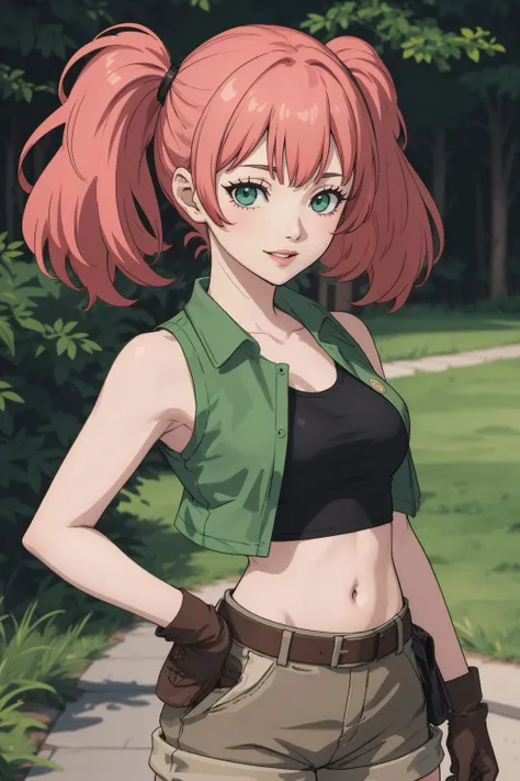 (masterpiece, best quality:1.2),illustration,medium breasts,8k,hd,1girl,solo,upper body,(portrait:1.2),twintails,brown shorts,midriff,navel,crop top,smile,belt,short shorts,tank top,green eyes,pink hair,vest,gloves,green shirt,knee pads,pouch,boots,brown footwear,socks,open clothes,<lora:Nadia Cassel:0.8>, park, walkway, tree, grass, parted lips,  reaching out,