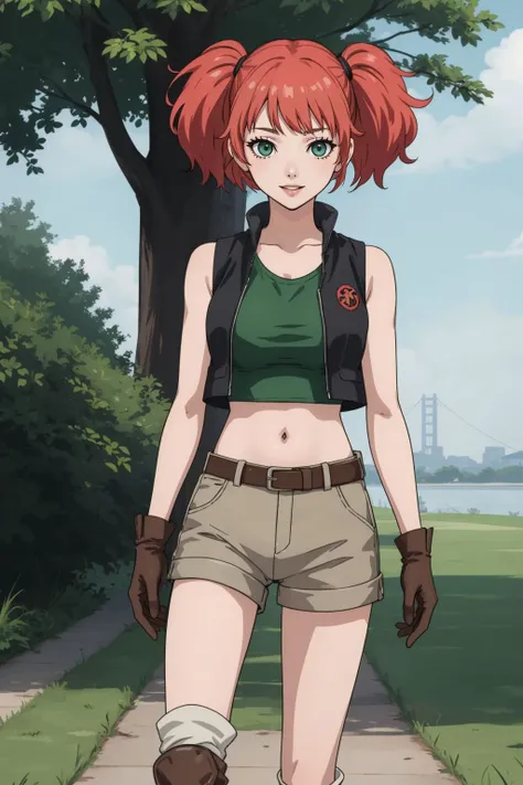 (masterpiece, best quality:1.2),illustration,medium breasts,8k,hd,1girl,solo,upper body,(portrait:1.2),twintails,brown shorts,midriff,navel,crop top,smile,belt,short shorts,tank top,green eyes,pink hair,vest,gloves,green shirt,knee pads,pouch,boots,brown footwear,socks,open clothes,<lora:Nadia Cassel:0.8>, park, walkway, tree, grass, parted lips, hip focus, feet out of frame, anime screencap,