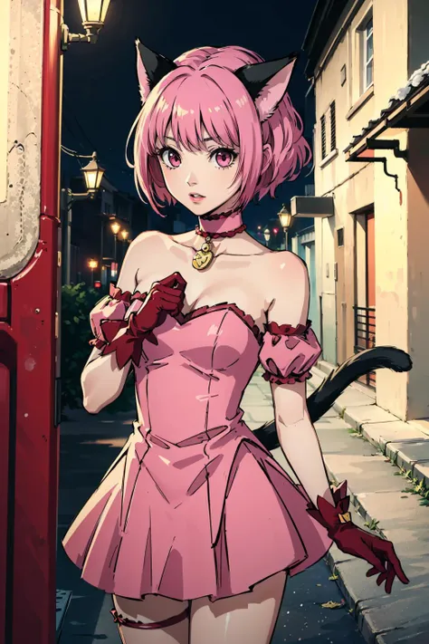 1girl, solo, mi1, tail ornament, tail bow, gloves, cat tail, red gloves, tail bell, choker, detached sleeves, pink dress, dynamic angle, <lora:momomiya_ichigo_v2:0.7>, masterpiece, best quality, highres,