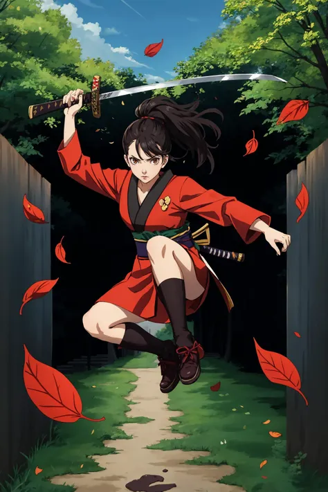 (best quality, masterpiece), 1girl, katana, samurai, looking at viewer, wooden wall, full body, serious, furrowed brow, anime screencap, anime, 2d, outline, jumping, motion lines, outdoors, falling leaves, wind,