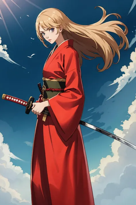 (best quality, masterpiece), 1girl, katana, sheathed, scabbard, samurai, full body, furrowed brow, anime screencap, looking at viewer, anime, 2d, outline, motion lines, outdoors, wind, standing, floating hair, from side, dappled sunlight,