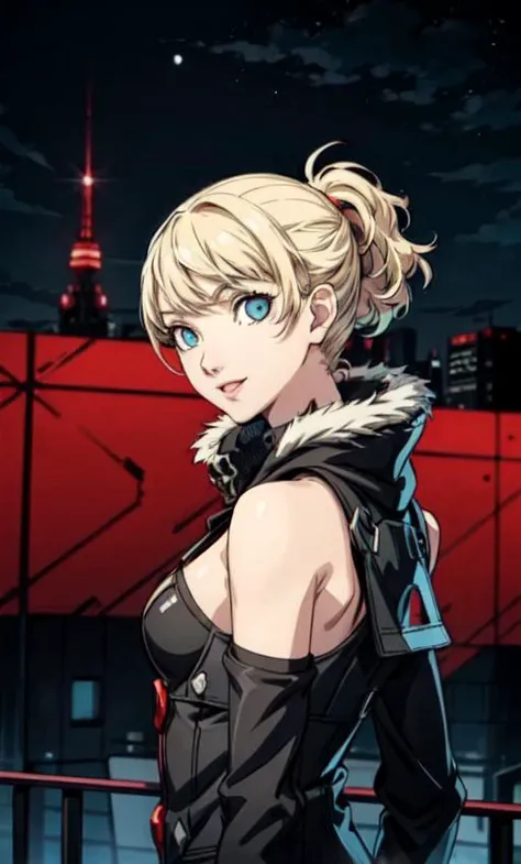 on side, vibrant colors, 1girl, solo, (blue eyes:1.4) , short hair, (blonde hair:1.4), long pony tail, smile, flat chest, night city background, open black parka with fur, glowing eyes, shiny eyes,<(best quality, extremely best quality, masterpiece:1.5)> , (Persona:1.2), (Shigenori Soejima:1.2), <lora:add_detail:1>